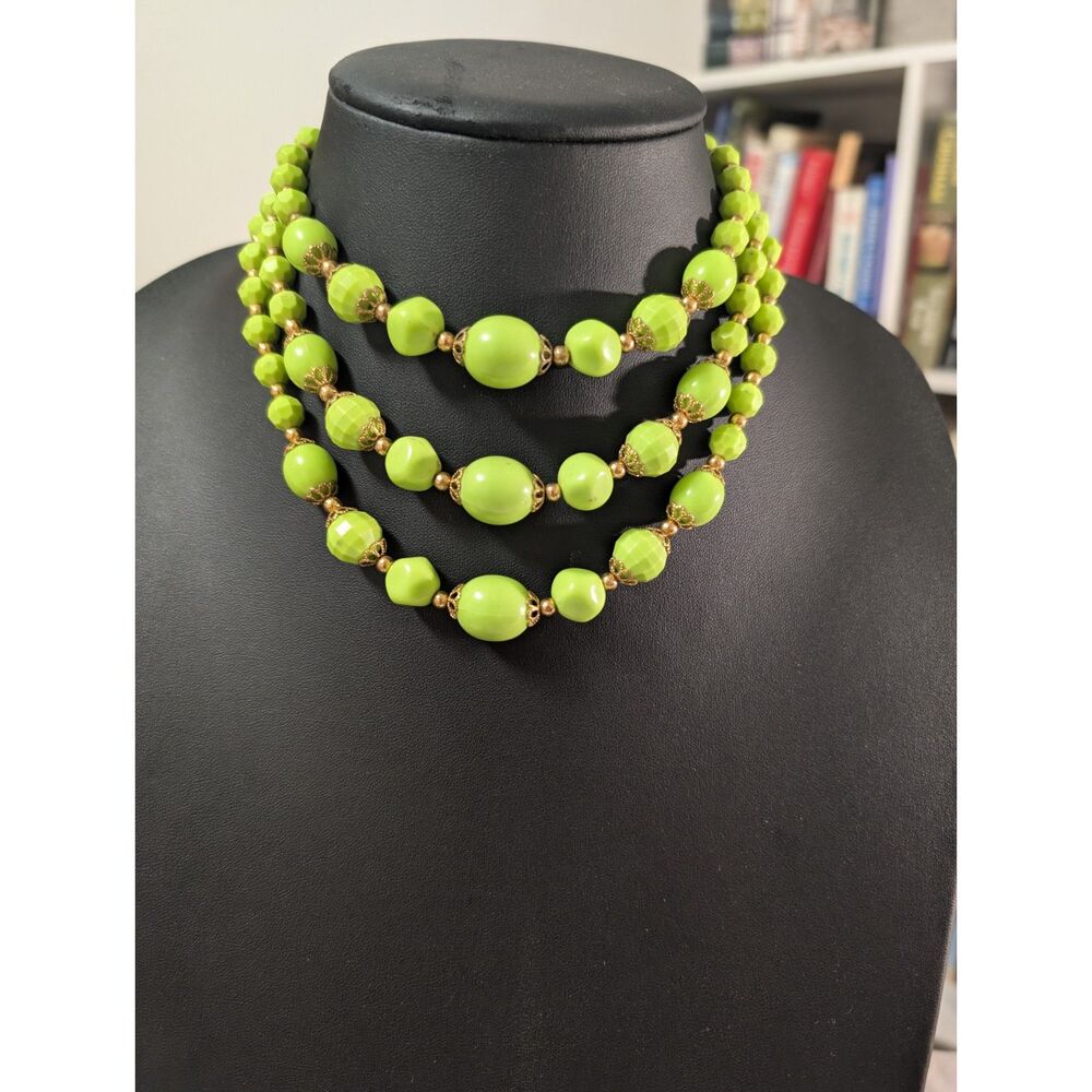 Vintage 50s 60s Chartreuse Lime Green 3-Strand Bead Necklace - Filigree Accents